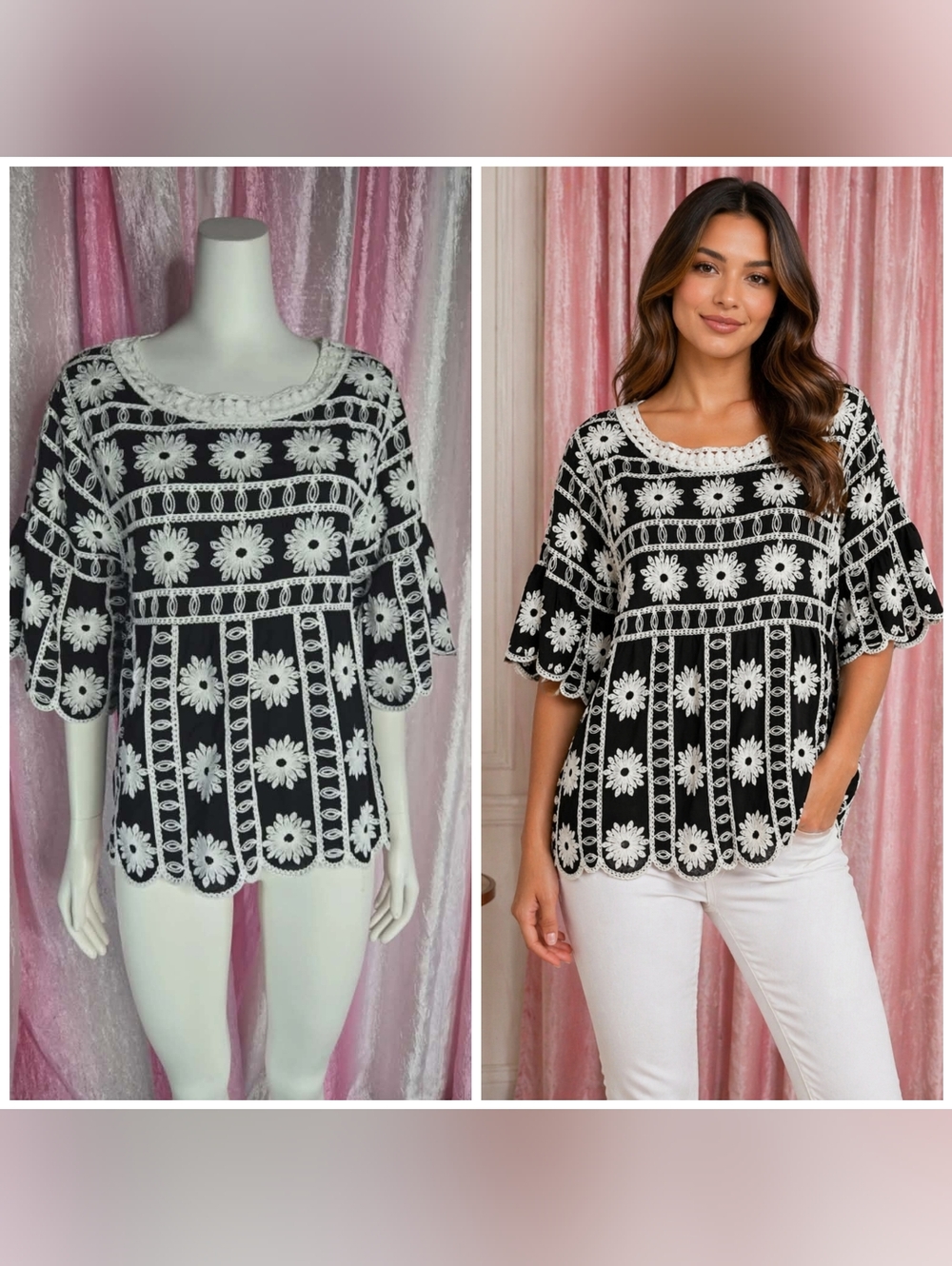 Indigo Poppy Boho Black White Floral Embroidered Babydoll Top Size Small